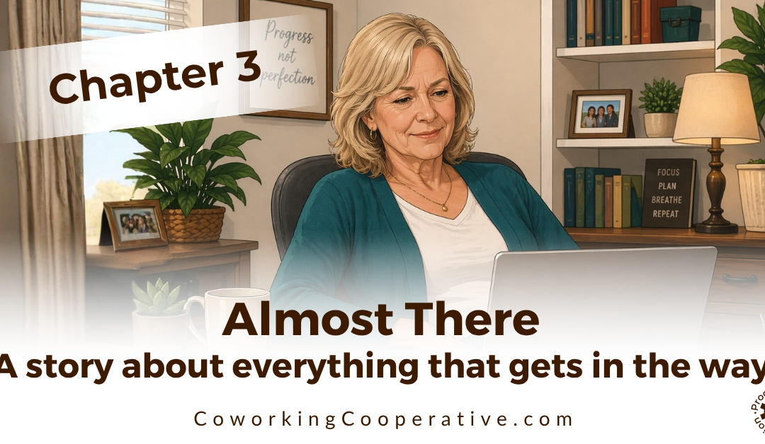 Editorial illustration of a woman leaning back and looking at her computer in the story "Almost There: Chapter 3"