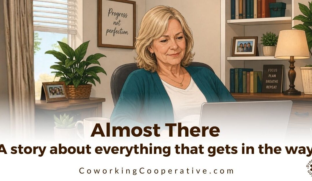 Editorial illustration of a woman leaning back and looking at her computer in the story "Almost There"