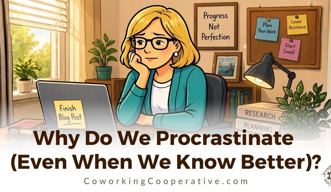 Illustrated woman sitting at a desk in a cozy home office, looking thoughtfully at her laptop with notes and a to-do list, representing procrastination and mental resistance to starting work.