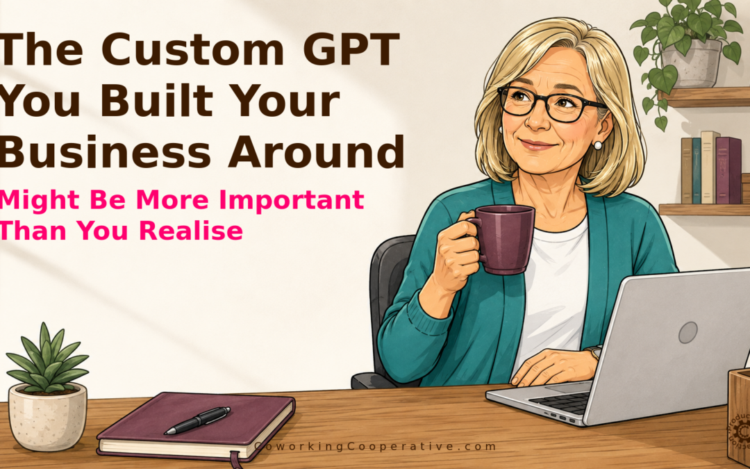 Editorial illustration of Denise, an older woman with grey-blonde hair and glasses, working at a laptop beside a plum mug. Text reads: “The Custom GPT You Built Your Business Around Might Be More Important Than You Realise”.