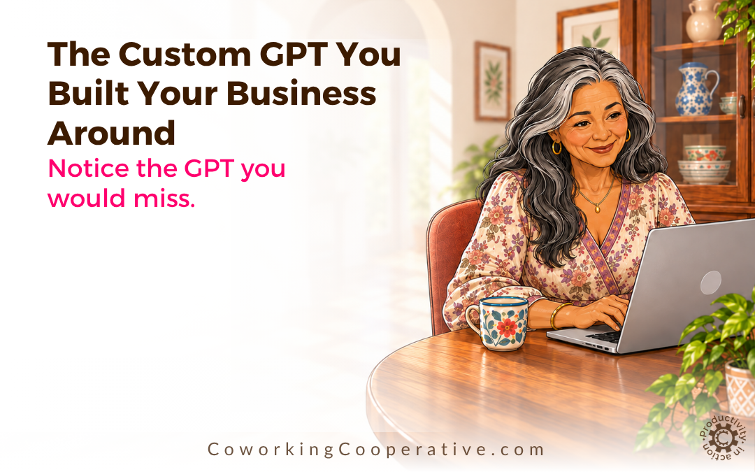 Editorial illustration of Denise, an older woman with grey-blonde hair and glasses, working at a laptop beside a plum mug. Text reads: “The Custom GPT You Built Your Business Around Might Be More Important Than You Realise”.