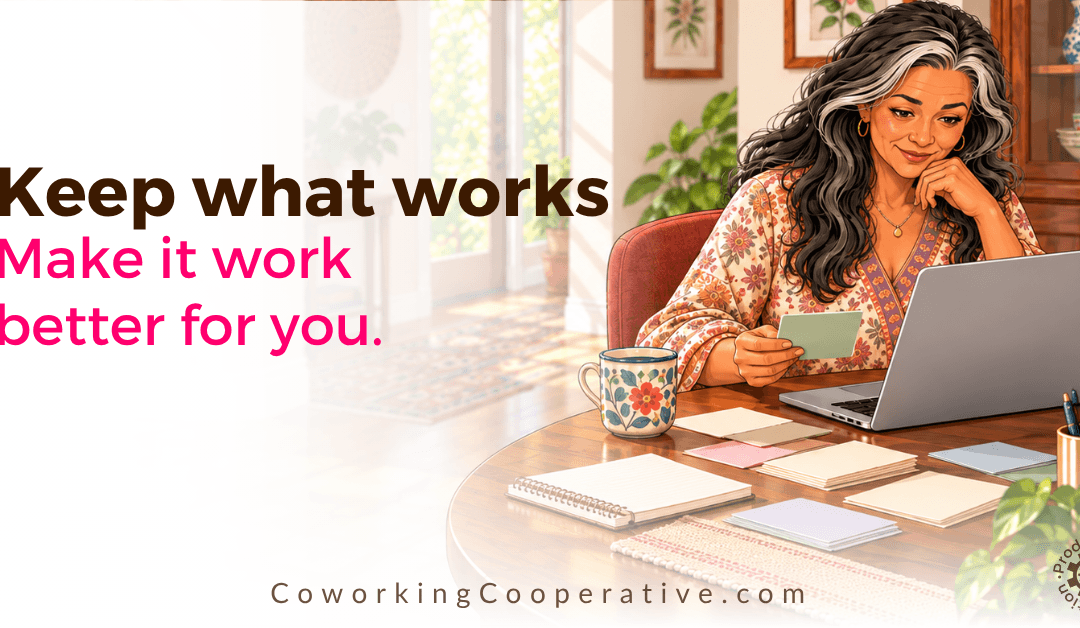 Show a woman at her computer reviewing a collection of useful GPTs she has gathered, with the words "Keep what works. Then make it work better for you."