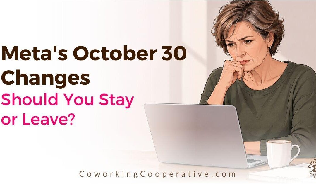 Illustration of a concerned businesswoman reviewing Meta's October 30 2026 changes, with the headline “Meta's October 30 Changes: Should You Stay or Leave?”