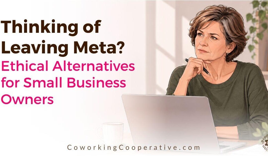 Woman looking thoughtful as she is considering ethical alternatives to Meta for small business owners